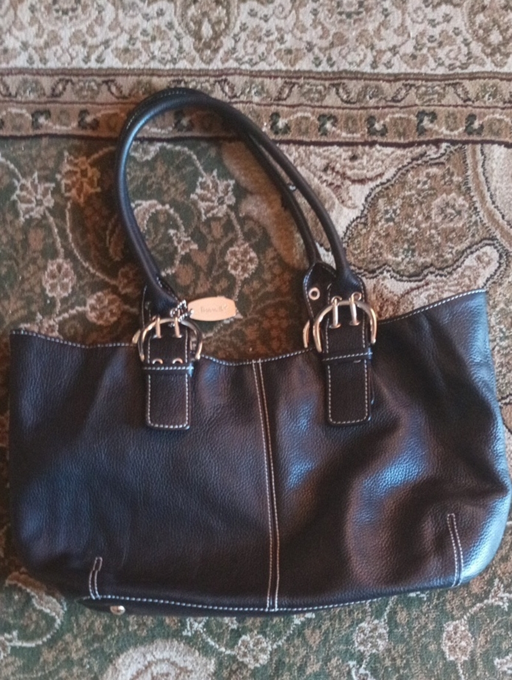Black Leather Shoulder Bag with Contrast Stitching